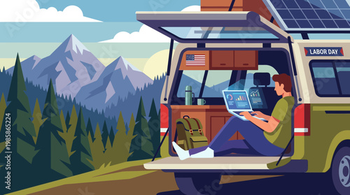 Digital Nomad Working from Camper Van in Mountains on Labor Day