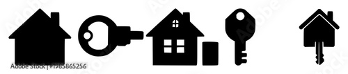 Mortgage key and house icon set with solid black design featuring mortgage key, house symbol, real estate icon with property and financing