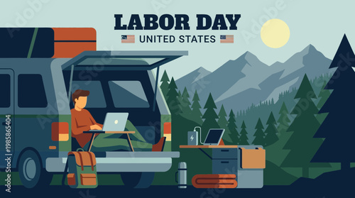 Labor Day Illustration of Man Working Remotely in Van with Mountain View