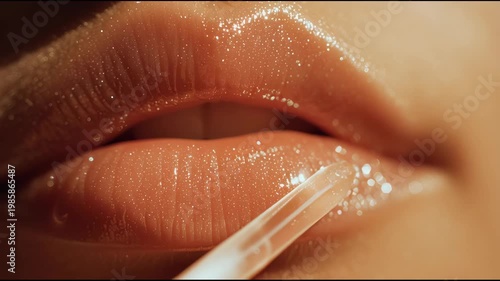 Closeup of a woman applying clear shimmering lip gloss to her lips enhancing their natural beauty and shine. 4k Footage Video