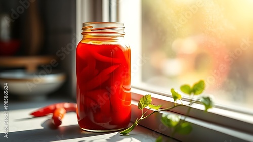 calabrian. A jar of homemade chili oil on a sunny windowsill, vibrant red color. menu design, packaging mockups, designed for food delivery and cloud-kitchen brand materials.