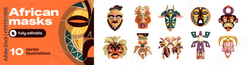 Set of different tribal African masks. Ceremonial idols of Peruvian, Mayan tribes. Traditional totem face of Aboriginal culture. Ethnic decor. Flat isolated vector illustrations on white background