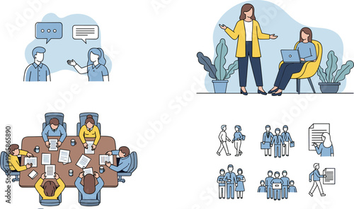 Business communication and teamwork concept, corporate meeting collaboration, recruitment interview discussion, professional office workers planning strategy, flat vector illustration