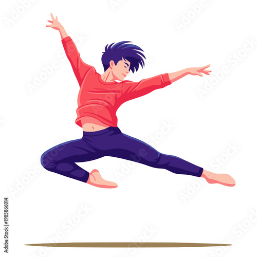 A young male dancer leaps in mid-air, expressing freedom and energy. Bold colors and dynamic pose create a vibrant, modern image. Perfect for fitness, lifestyle, and movement themes.