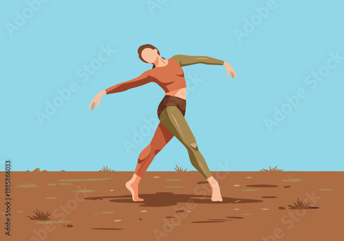 A dancer performs barefoot in a desert landscape. Earthy tones and a minimalist style evoke connection and movement. Suitable for wellness and nature themes.