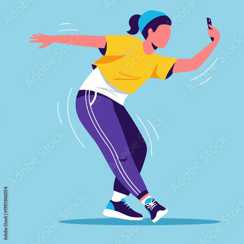 A young woman dances and records a video with her phone, capturing fun moments. Dynamic pose, bright colors, and a playful vibe. Perfect for social media content.