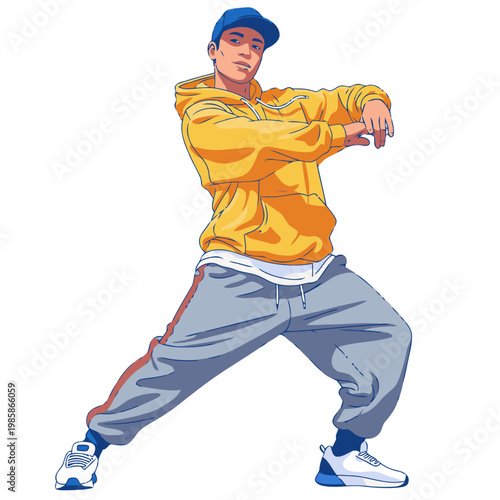 A dynamic illustration of a young man in a yellow hoodie performing a hip hop balance pose. Bold colors and graphic style create a vibrant, energetic image.