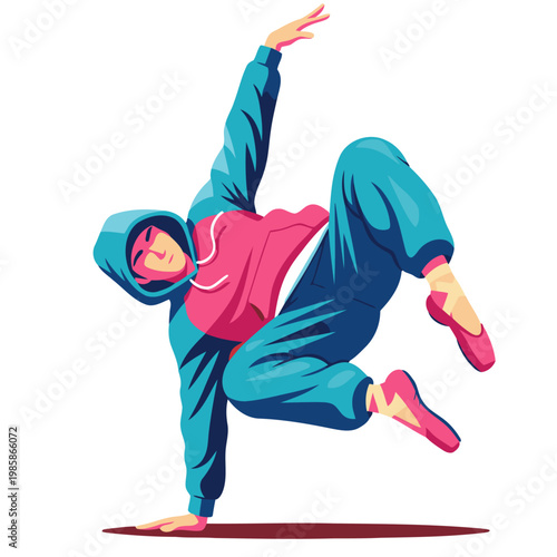 A dynamic breakdancer in vibrant sportswear performs a bold fusion move. Bold colors, modern style, perfect for commercial use.