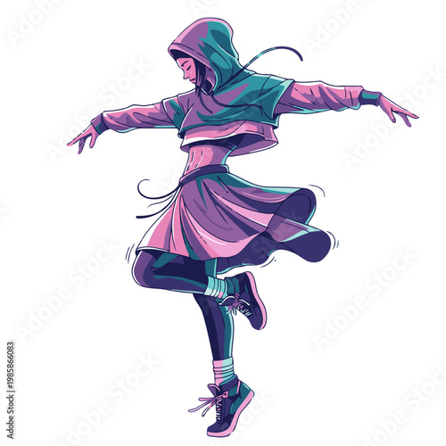 Dynamic dancer in vibrant streetwear performs a street ballet flow. Bold colors, energetic pose, modern style. Perfect for fitness, dance, or urban lifestyle visuals.