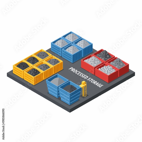 Industrial processed storage containers with materials and worker.