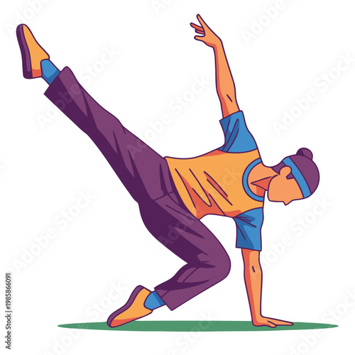 A dynamic breakdancer in a vibrant pose, blending ballet and break energy. Bold colors and modern illustration style create a visually striking image.