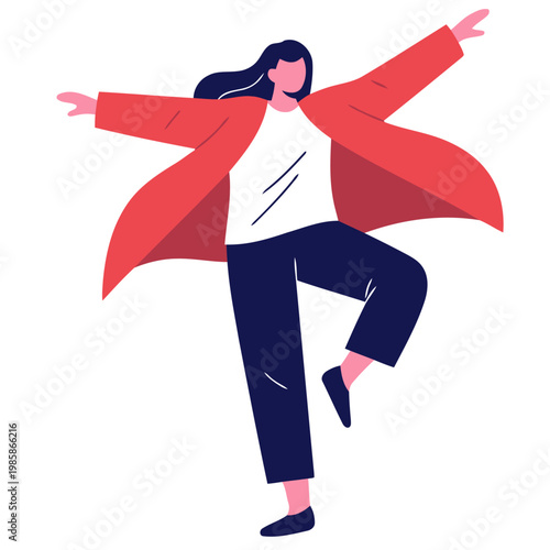 A joyful woman dances freely, expressing pure joy. Modern illustration style with vibrant colors and dynamic pose. Perfect for happiness and positivity campaigns.