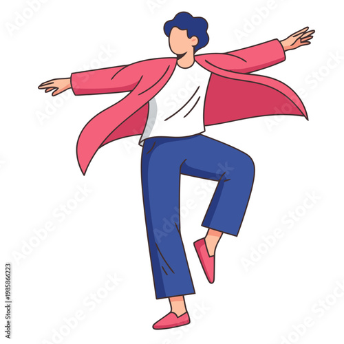 A joyful young man expresses himself freely, radiating happiness. Vibrant colors and a dynamic pose create a positive and expressive image. Perfect for joy, expression, and freedom themes.