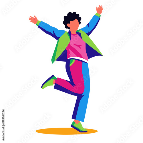 A joyful young man dances with arms outstretched, radiating happiness. Vibrant colors and dynamic pose create an energetic expression. Perfect for lifestyle and celebration themes.