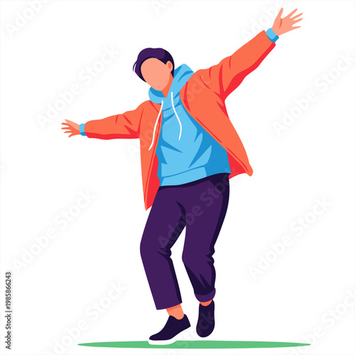 A young man celebrates with a joyful dance, embodying TikTok's win! Vibrant colors and dynamic pose create a lively, modern image.
