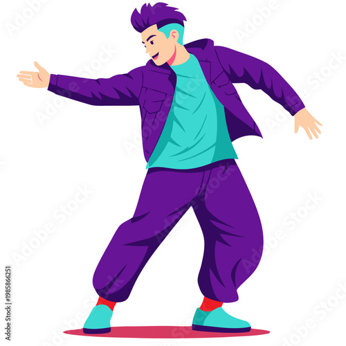 A young man performs a TikTok dance viral move. Vibrant colors and dynamic pose create a lively, engaging illustration. Perfect for social media content.