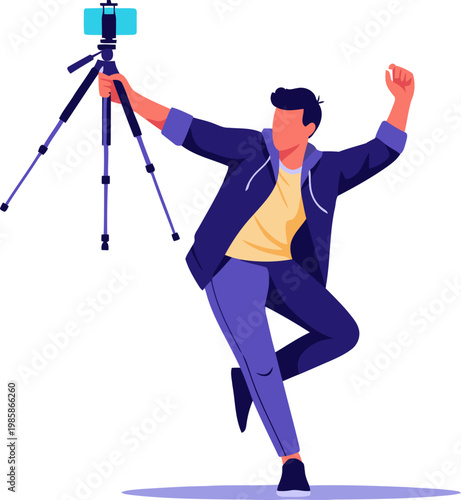A young man dances with a tripod, capturing a moment. Dynamic pose, vibrant colors, and a focus on creating viral content. Modern, energetic, and visually appealing.