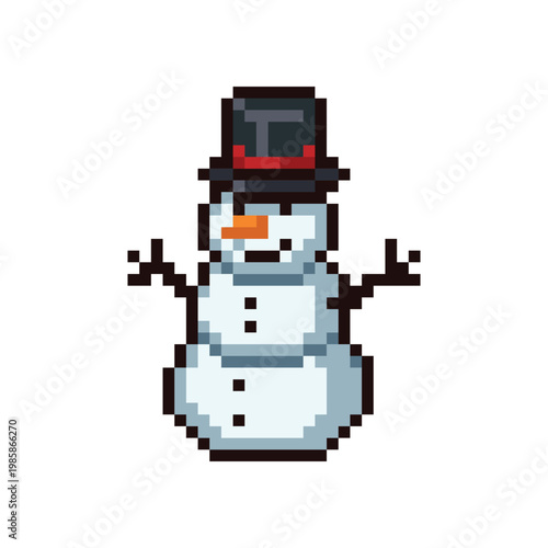 Cute snowman with black top hat pixel art isolated on white background