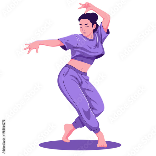 A stylish young woman practices fusion dance, radiating passion against a soft purple gradient. Dynamic pose, modern clothing, and vibrant energy. Perfect for fitness, dance, or lifestyle content.