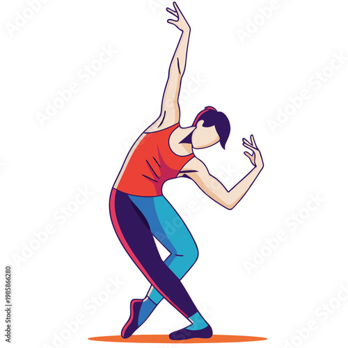 A stylized dancer performs a 'Pop Ballet Arms Beat' pose against a vibrant orange background. Bold lines and dynamic movement create a modern, energetic illustration.
