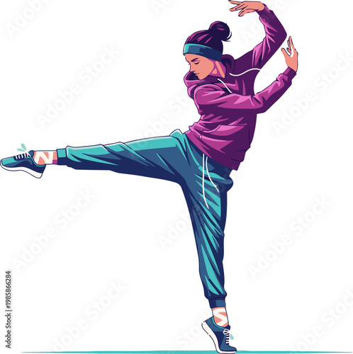 A stylish young woman performs a street ballet flow, showcasing dynamic movement and vibrant colors. Modern, energetic, and visually captivating.