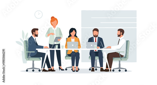 A diverse group of professionals works collaboratively in a modern office setting, gathered around a large white table with laptops and tablets.