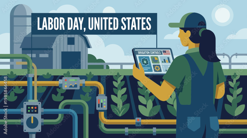 Fototapeta premium Labor Day United States Illustration with Female Farmer and Smart Tech