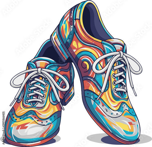 Vibrant, patterned shoes ready to dance! Bold colors and dynamic design create a playful, energetic visual. Perfect for movement and celebration.