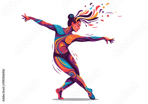 A vibrant, stylized dancer explodes with emotion and color, embodying fusion and soul. Dynamic pose, bold patterns, and a captivating composition.