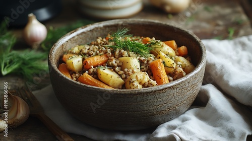 Bowl of cooked grain and vegetables on a table with onions, use for cooking
