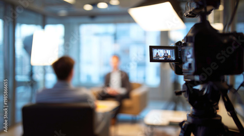 Professional video interview setup in modern office environment with camera recording two business people. Bright studio lights illuminate the scene, creating a dynamic and engaging atmosphere