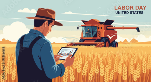 Modern Farmer with Tablet in Wheat Field for USA Labor Day