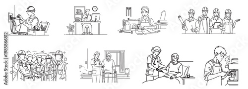 Collection of minimalist illustrations featuring people in various everyday activities and social settings on a white background. Conceptual sketch style.