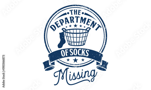 The department of socks missing - Distressed blue rubber stamp design with laundry basket and single sock icon