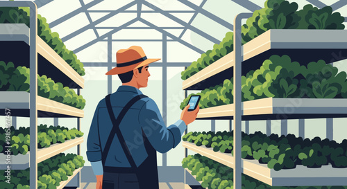 Modern Farmer Using Smartphone in Vertical Greenhouse Illustration
