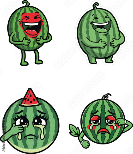 watermelon cartoon character laughing funny fruit mascot vector bundle set