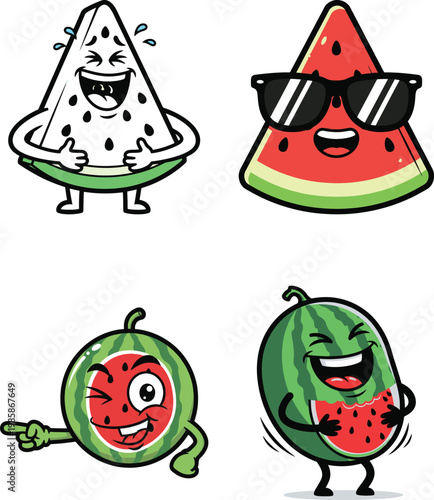 watermelon slice cartoon character funny fruit vector mascot bundle set