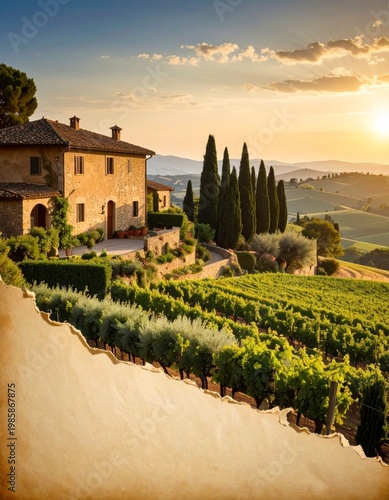 Tuscan Villa Overlooking Vineyards Under Golden Sunset in Italy Landscape