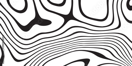 Abstract black and white wavy lines swirl in hypnotic patterns with smooth curves and strong optical illusion effect, background design