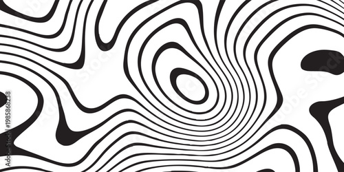 Modern black and white wavy lines swirl in hypnotic patterns with clean line precision and balanced composition, vector design