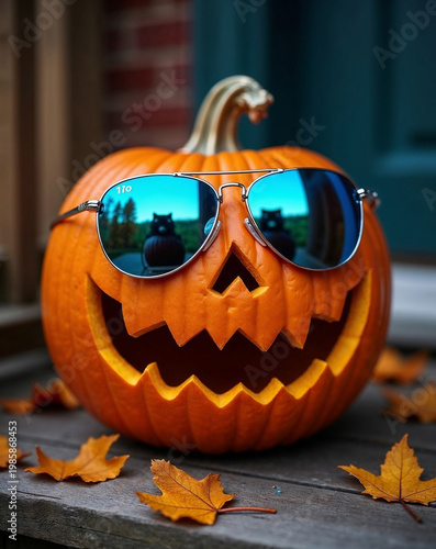 Jack'o'lantern pumpkin wearing sunglasses in front of a house