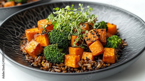 Bowl of diced sweet potato and broccoli over rice with garnish. Food blog use