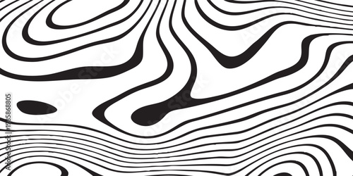 Creative black and white wavy lines swirl in hypnotic patterns with experimental line flow and layered distortion effects, graphic illustration