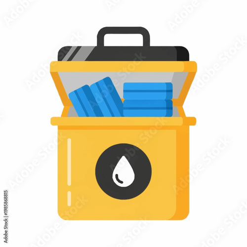 Yellow cooler box with ice packs inside and a water drop symbol.