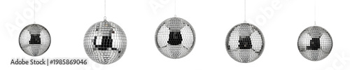 Silver Mirror Disco Ball Set Isolated on White Background. Shiny Reflective Sphere Ornament Collection in Different Angles for Party, Dance, Celebration, and Event Decor.