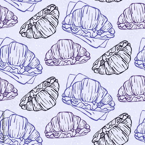 Hand drawn seamless pattern with croissant sandwiches on napkins over a textured purple background. Hand drawn line. Trendy linear food illustration for cafe menu, bakery packaging, kitchen textile