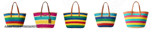 Colorful Striped Straw Tote Bag Set Isolated on White Background. Large Woven Beach Handbag Collection with Leather Handles for Summer Fashion, Travel, and Shopping Design.