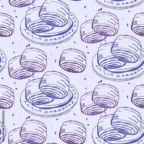 Hand drawn seamless pattern with sweet buns on plates over textured purple. poppy seed bun. Hand drawn line. Trendy linear food illustration for bakery packaging, cafe menu, kitchen textile wrapping