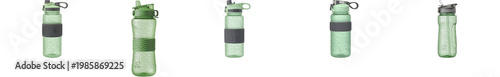 Green Reusable Water Bottle Set Isolated on White Background. Eco-Friendly Sports Drink Containers in Multiple Sizes and Angles for Fitness, Travel, and Outdoor Activities.