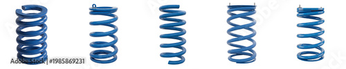 Blue Metal Coil Spring Set Isolated on White Background. Industrial Steel Compression Springs Collection in Different Angles for Automotive, Mechanical, and Engineering Design.